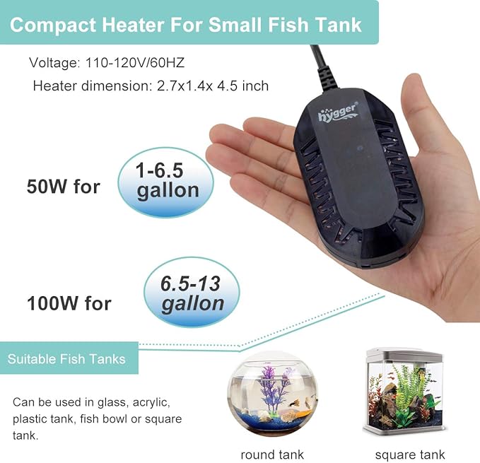 hygger 100W Mini Submersible Digital Display Aquarium Heater for Small Fish Tank, Compact and Fast Heating Thermostat, with External Controller and Built-in Thermometer, for Betta, Turtle