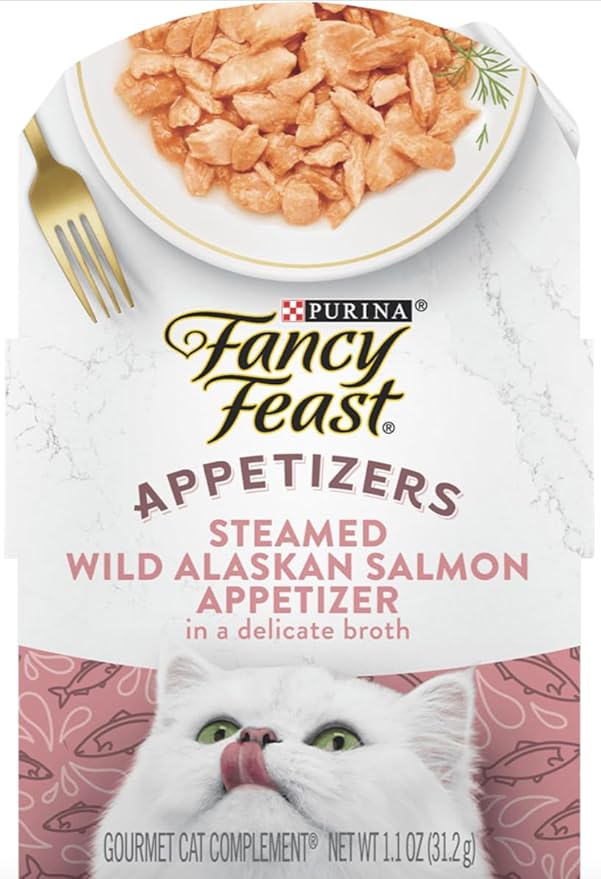 Fancy Feast Appetizers for Cats Variety Pack/2 of each-12 Total/Chicken, Tuna, Salmon, Ocean Fish/Bundle includes-100% Bonito Fish Flakes Topper & Catnip Ball Toy