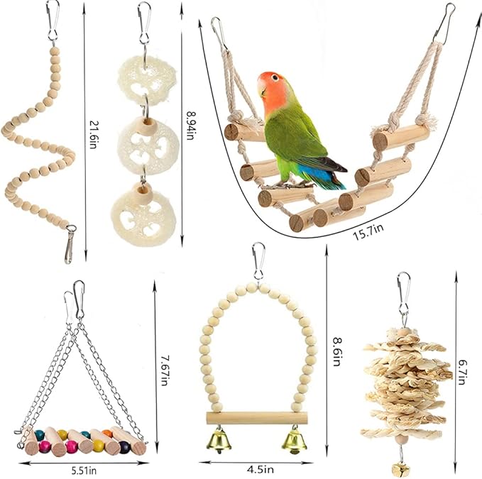 Bird Parrot Toys Swing Hanging,18 Pieces Bird Cage Accessories Toy Perch Ladder Chewing Toys Hammock for Parakeets,Cockatiels,Lovebirds,Conures,budgie,Macaws,Lovebirds,Finches and Other Small Pets