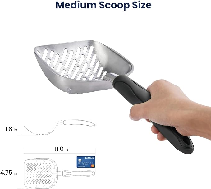 WePet Cat Litter Scoop, Aluminum Alloy Sifter, Kitty Metal Scooper, Deep Shovel with Diagonal Sifting Hole, Long Handle, Kitten Poop Lifter for Litter Box, Medium Size, Black Handle