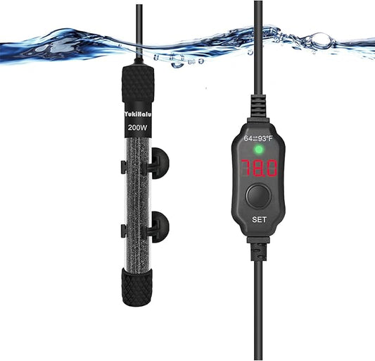 YukiHalu Submersible Aquarium Heater 100W 150W 200W, Adjustable Mini Fish Tank Heater, Small Size, Overheating Protection, External Controller, Used for 0.5-40 Gallons(200W)