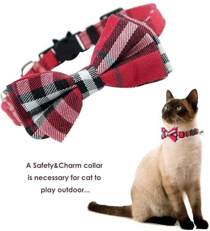 Cat Collar Breakaway with Bell and Bow Tie, Plaid Design Adjustable Safety Kitty Kitten Collars(6.8-10.8in) (Red Plaid 1)