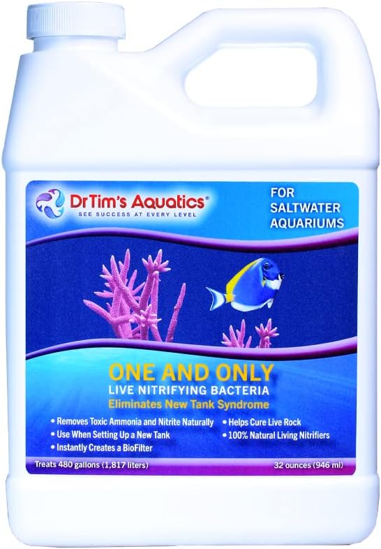 Dr. Tim’s Aquatics Saltwater One & Only Nitrifying Bacteria – For New Fish Tanks, Aquariums, Water Filtering, Disease Treatment – H20 Pure Fish Tank Cleaner – Removes Toxins – 32 Oz.