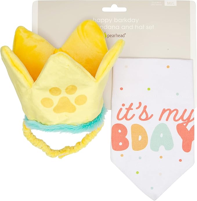 Pearhead Happy Barkday M/L Bandana Hat Set, Pet Birthday Gift, Dog Birthday Party Accessories, Party Hat and Bandana for Dogs, Pet Owner Must Have Accessories, Medium/Large