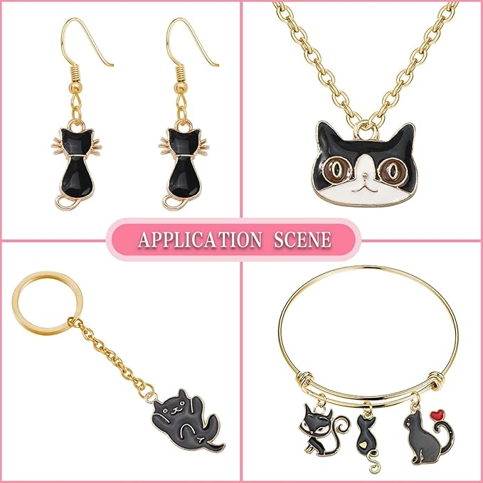LiQunSweet 50 Pcs 10 Styles Enamel Kitten Animals Black Cat Charms for Jewelry Making Earrings Bracelet Necklace DIY