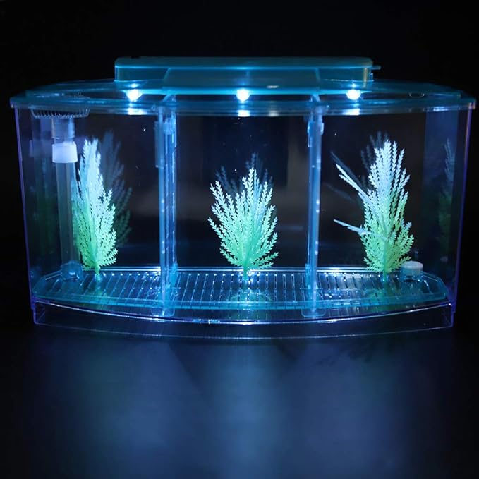 Aquarium Fish , Three Divisions Breeding Isolation Mini Aquarium komplettset LED Acrylic Box for Small Fishes() (Blue)