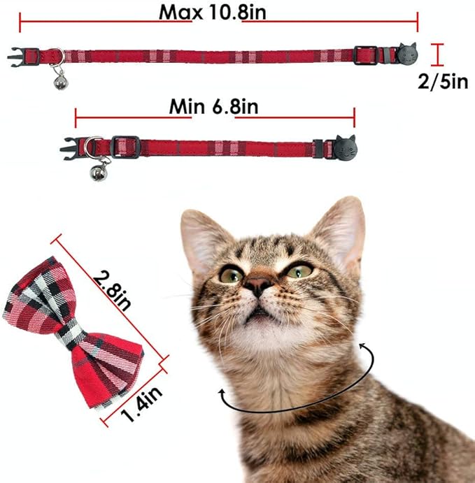 Cat Collar Breakaway with Bell and Bow Tie, Plaid Design Adjustable Safety Kitty Kitten Collars(6.8-10.8in) (Red Plaid 1)