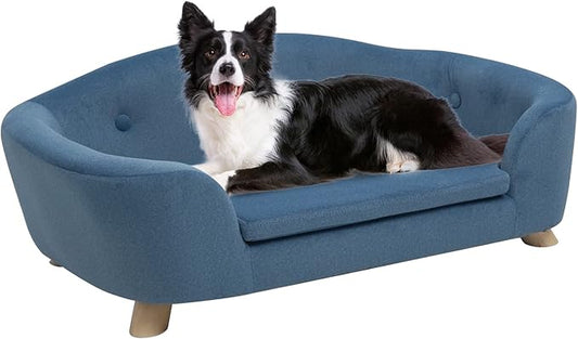 SHAVI Large Dog Couch, 35" Wide Pet Sofa for Large and Medium Dogs with Removable Mattress Cover, Luxury Raised Dog Couch Velvet Lounging Bed with Anti-Slip Bottom(Navy Blue)