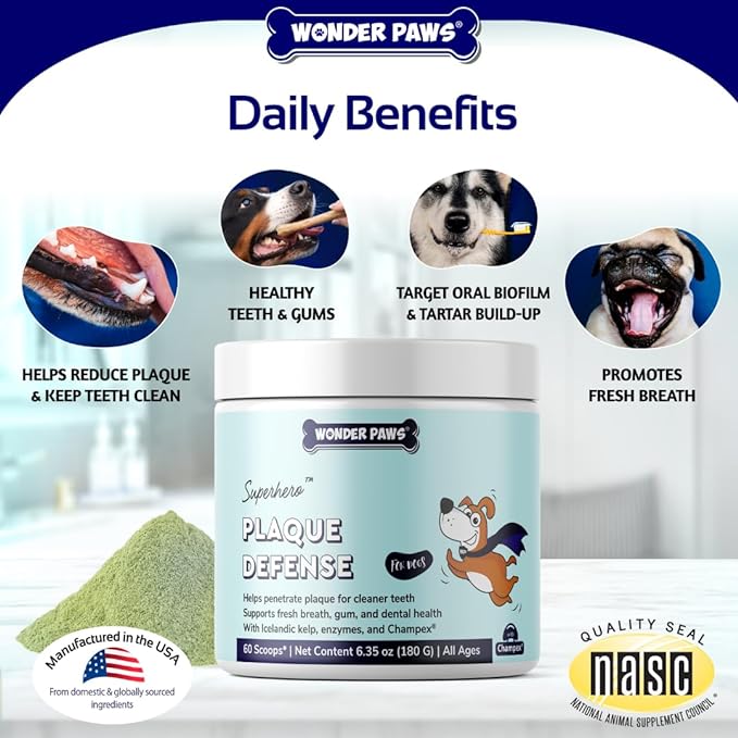 Dental Powder for Dogs – Teeth Cleaning & Dental Care Made Easy – Removes Plaque, Tarter, Stains & Freshens Breath – Plaque & Tartar Remover for Dogs of all Ages – 60 scoops