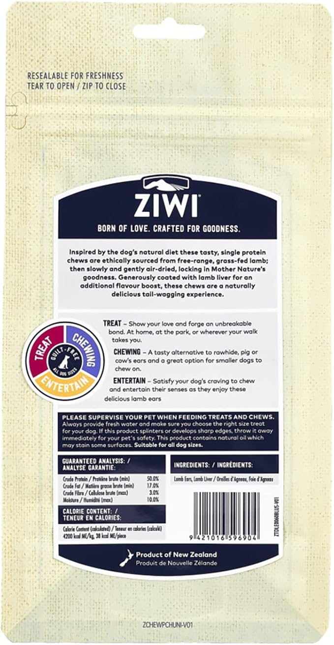 ZIWI Dog Chews and Treats – All Natural, Air-Dried, Single Protein, Grain-Free, High-Value Treat, Snack, Reward (Lamb Ears) 2.1 Ounce (Pack of 1)