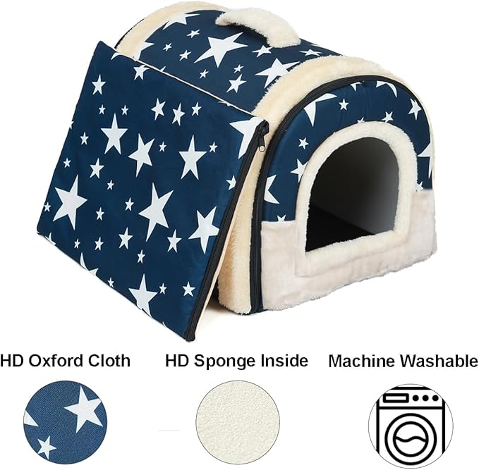 ANPPEX Small Dog House Indoor,2 in 1 Washable Covered Dog Cat Bed,Insulated Cozy Pet Dog Igloo Cave,M Size for Cats and Puppies,Blue