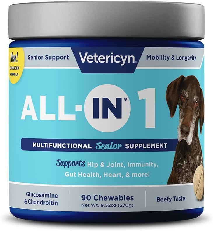 Vetericyn All-in 1 Multifunctional Senior Dog Supplement | Digestive Enzymes + Glucosamine Chondroitin for Hip and Joint Support + Vitamins, Antioxidants, Prebiotics, Probiotics, and Omegas. 90 Count