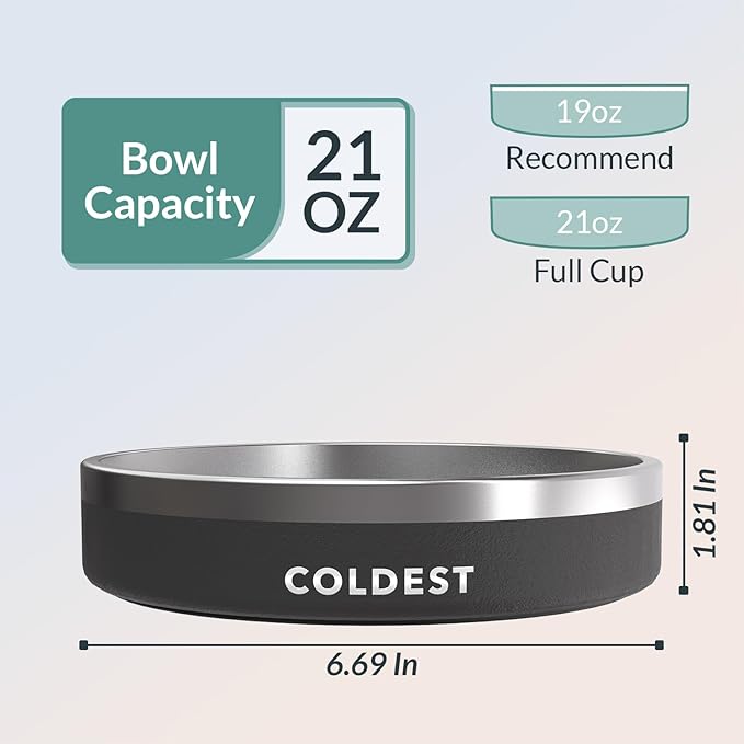 Coldest Dog Bowl - Anti Rust Metal & Non Slip Dog Bowls Large, Spill Proof Heavy Duty 3 Layers Insulated Dog Bowl - Food and Water Bowl for Dogs, Cats & Pets, Dishwasher Safe (21 oz, Stealth Black)