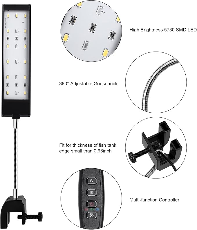 Aquarium Light for Fish Tank Clip on LED Fish Tank Light for 5 Gallon, Aquarium Light for Plants with Timer and Dimmer, White Blue Red LEDs 7W