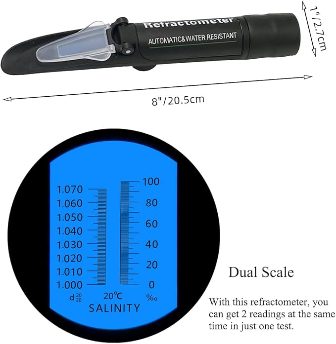 Professional Refractometer Saltwater Aquarium,High Accuracy Salinity Tester for Saltwater Aquarium, Marine Monitoring,Fish Tank 0-100 PPT with Automatic Temperature Compensation (ATC)