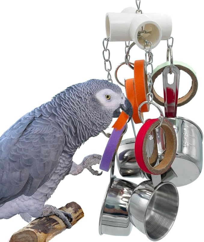 Durable Bird Parrots Pots and Bagel Toys, Pullable Stainless Steel Cup and Cardboard Ring Toys for Amazons Mini Macaws African Greys Cockatoos Eclectus