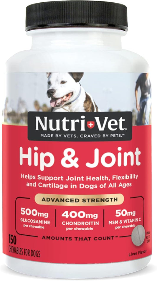Nutri-Vet Advanced Strength Hip & Joint Chewable Dog Supplements | Formulated with Glucosamine & Chondroitin to Support Dog Cartilage & Mobility | 150 Tablets,RED