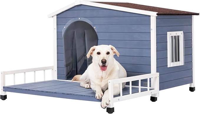 Petsfit Large Dog House with Terrace & Openable Asphalt Roof, 45" L x 54" W x33 H, XL Dog House Outdoor with Elevated Floor, Window & Door Flap, Outdoor Dog House for Large Dogs