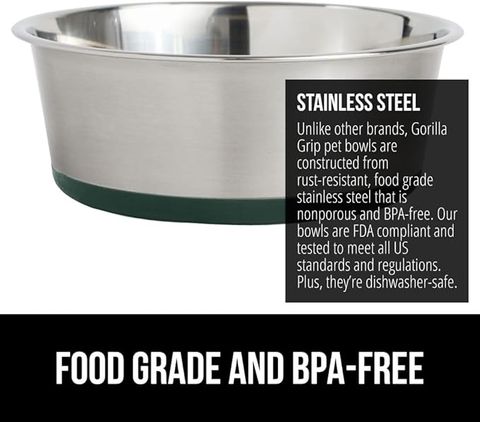 Gorilla Grip Stainless Steel Metal Dog Bowl Set of 2, Rubber Base, Heavy Duty Feeding Dishes, Food Grade BPA Free, Less Sliding, Quiet Pet Bowls for Cats and Dogs, Holds 2 Cups (16 fl oz), Green