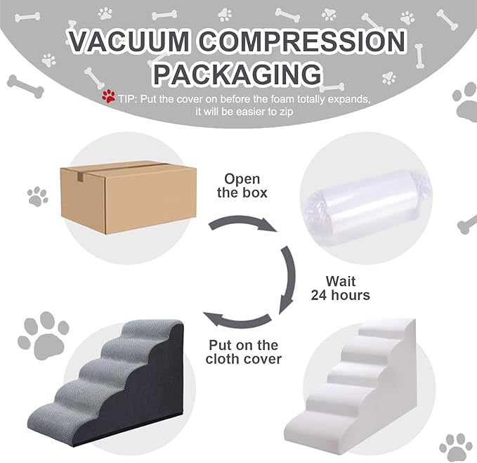 Ryoizen Dog Stairs Ramps for Small/Medium Dogs to Beds Couch Up to 25'', 5-Step Dog Steps with Sturdy High-Density Foam, Pet Stairs with Non-Slip Bottom for Puppy and Cat, Gifts Hair Remover Roller