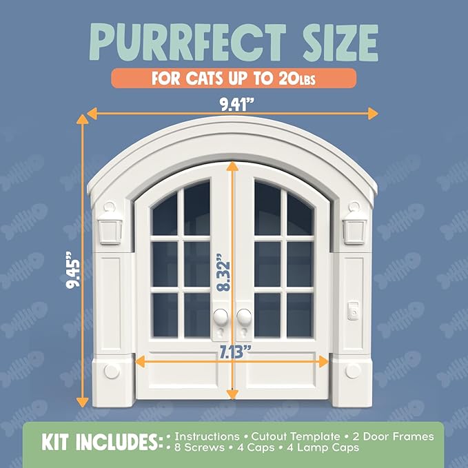 Purrfect Portal French Cat Door - Stylish No-Flap Cat Door Interior Door for Average-Sized Cats Up to 20 lbs, Easy DIY Setup, Secured Installation in Minutes, No Training Needed, 7.13 x 8.32”