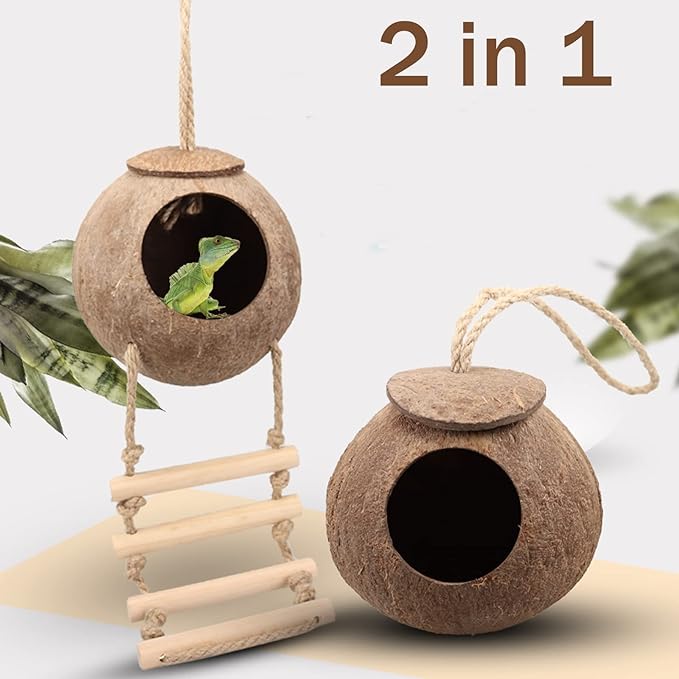 Crested Gecko Tank Accessories, Reptile Vines and Plants Coco Hut Coconut Shell with Ladder Hideout Cave Habitat Decor for Climbing Lizard Leopard Gecko Tortoise Amphibians Hermit Crab