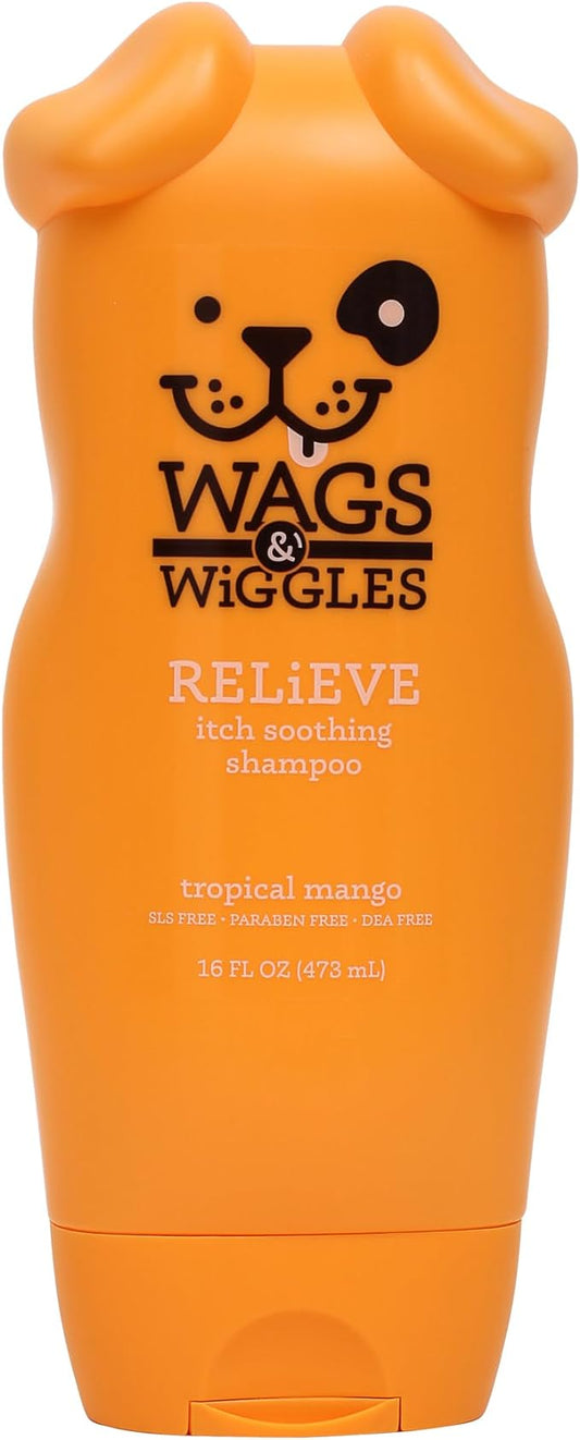 Wags & Wiggles Relieve Anti-Itch Dog Shampoo | Shampoo for All Dogs with Dry, Itchy, or Sensitive Skin | Fresh and Fruity Mango Scent Your Dog Will Love, 16 Ounces