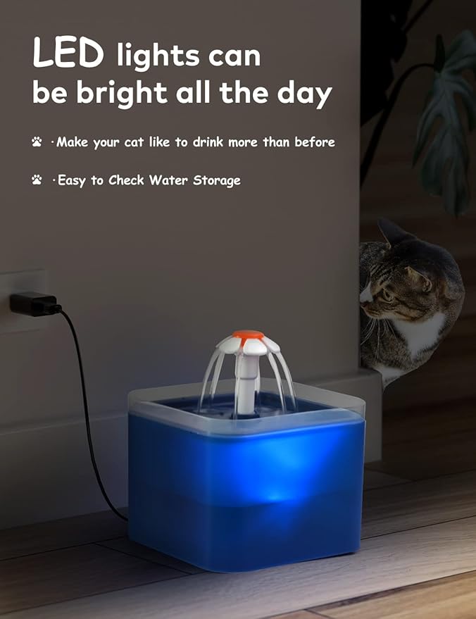 AONBOY Ultra Silent Pet Water Fountain 67oz/2L, with LED Light for Cat,Small Dogs, Activated Carbon Filter (Blue)