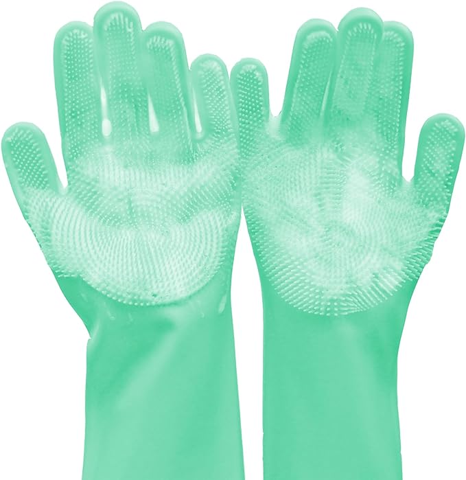 Pet Grooming Gloves, Dog Bathing Gloves with High-Density Teeth, Heat Resistant Silicone Cat Hair Remover with Enhanced Five Finger Design, Bathing and Massaging for Dogs and Cats (Green)