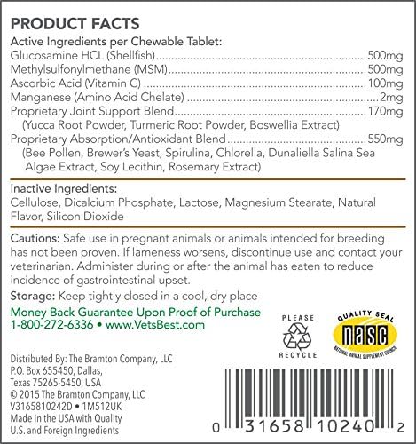 Vet's Best Advanced Hip & Joint Dog Supplements | Formulated with Glucosamine and Chondroitin to Support Dog Joint and Cartilage Health | 90 Chewable Tablets