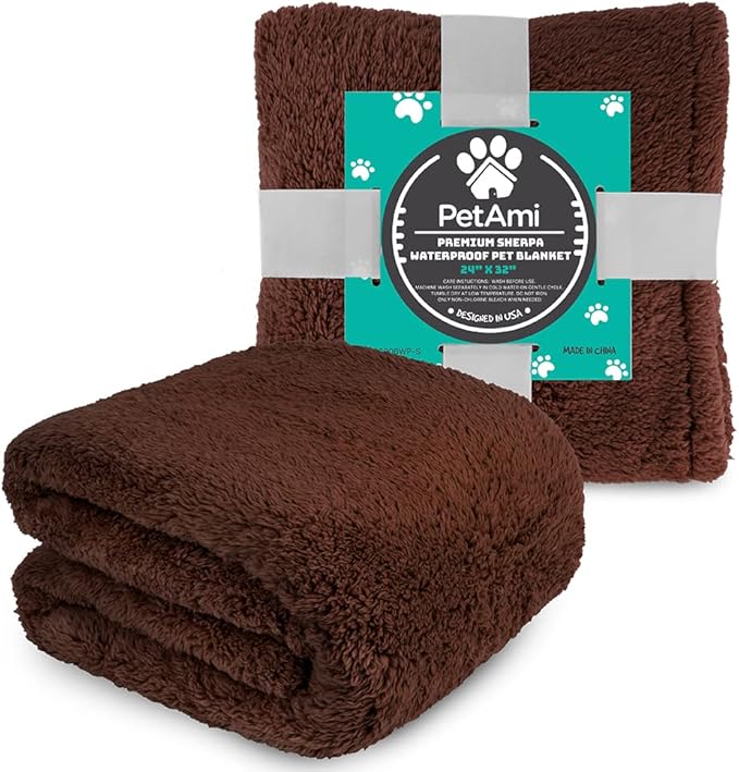 PetAmi Fluffy Waterproof Dog Blanket for Small Medium Dogs, Soft Warm Pet Sherpa Throw Pee Proof Couch Cover, Reversible Cat Puppy Bed Blanket Sofa Protector, Plush Washable Pad (Brown, 24x32)