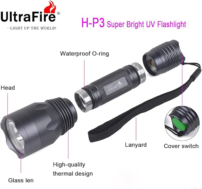 ULTRAFIRE UV Black Light Flashlight for Curing UV Glue, Powerful 395 nm LED Blacklight Flashlights, Pet Stain Detector for Dog Urine, Dye Detector H-P3