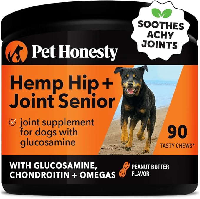 Pet Honesty Senior Hemp Hip & Joint Support, Hemp for Dogs, Mobility Support for Senior Dogs, Hemp Oil & Powder, Glucosamine, Collagen, MSM, Green Lipped Mussel, Helps Discomfort (Peanut Butter, 90)