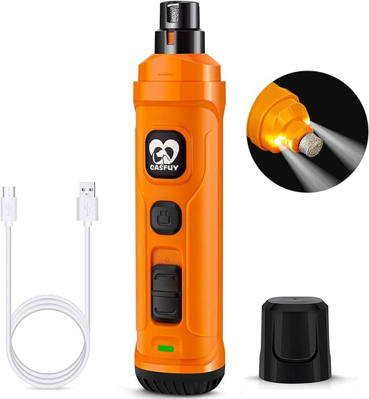 Casfuy Dog Nail Grinder with 2 LED Light - New Version 2-Speed Powerful Electric Pet Nail Trimmer Professional Quiet Painless Paws Grooming & Smoothing for Small Medium Large Dogs and Cats (Orange)