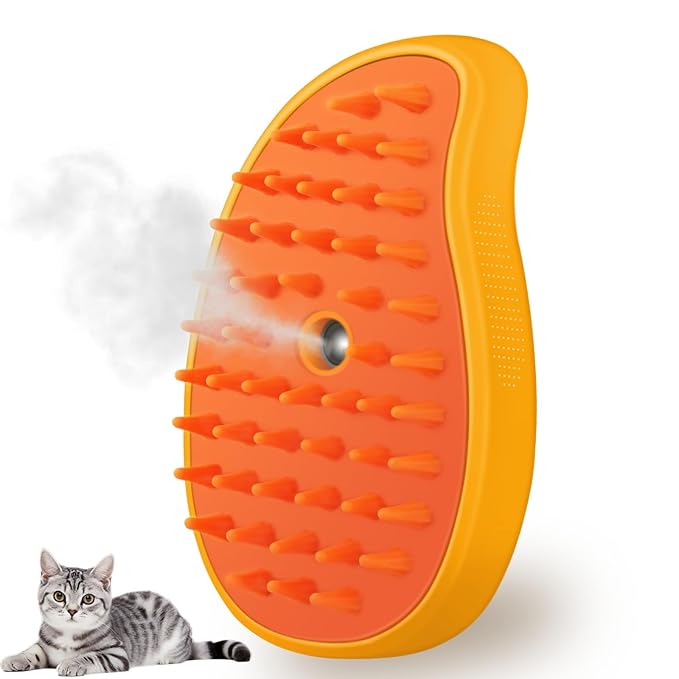 Cat Steam Brush, 3 in 1 Cat Steamy Brush Cleanser, Silicone Massage Grooming Brush, Pet Hair Cleaning Brush Comb for Cats Dogs(Mango Yellow)