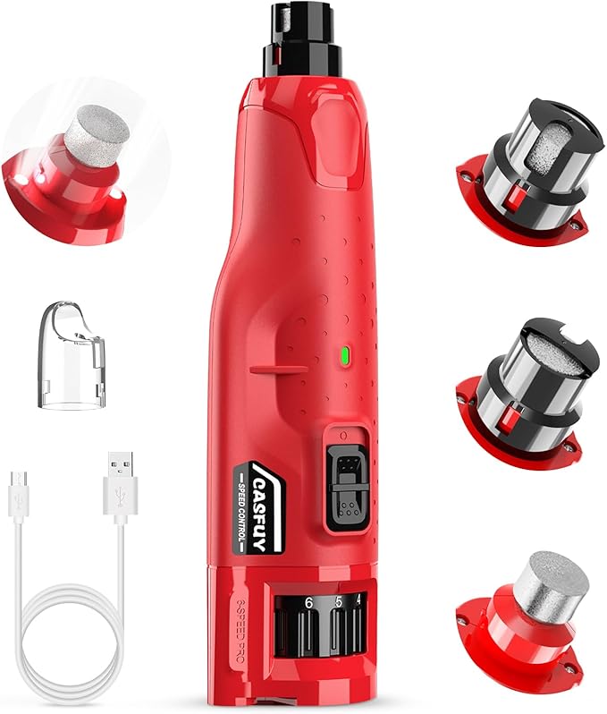 Casfuy Dog Nail Grinder Quiet - (45db) 6-Speed Pet Nail Grinder with 2 LED Lights for Large Medium Small Dogs/Cats, Professional 3 Ports Rechargeable Electric Dog Nail Trimmer with Dust Cap(Red)