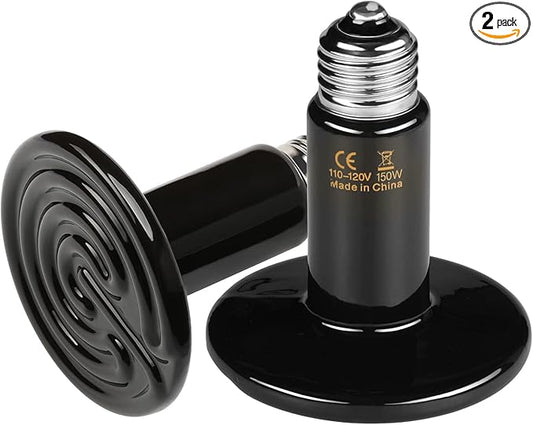 HealSmart Reptile Heat Lamp 150W 2-Pack Ceramic Heat Emitter, No Light Emitting Heat Bulbs for Amphibian Pet Brooder Coop Incubating Chicken, Lizard Bearded Dragon Turtle Snake Terrarium Black