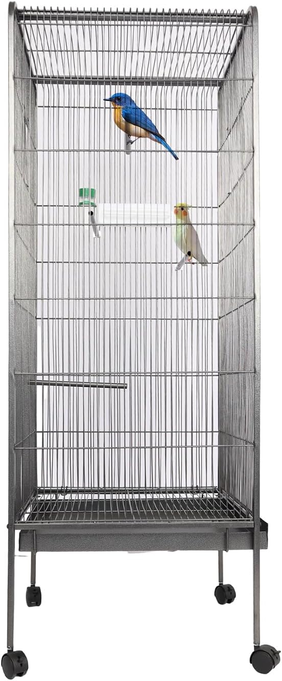 Steel Bird Cage with Rolling Stand, Plastic Feeder, PP Slide-Out Tray Large Flight Cage for Parrots, Parakeets, Cockatiels, Pigeons and Lovebirds Big Bird Cage Antique Gray As Shown