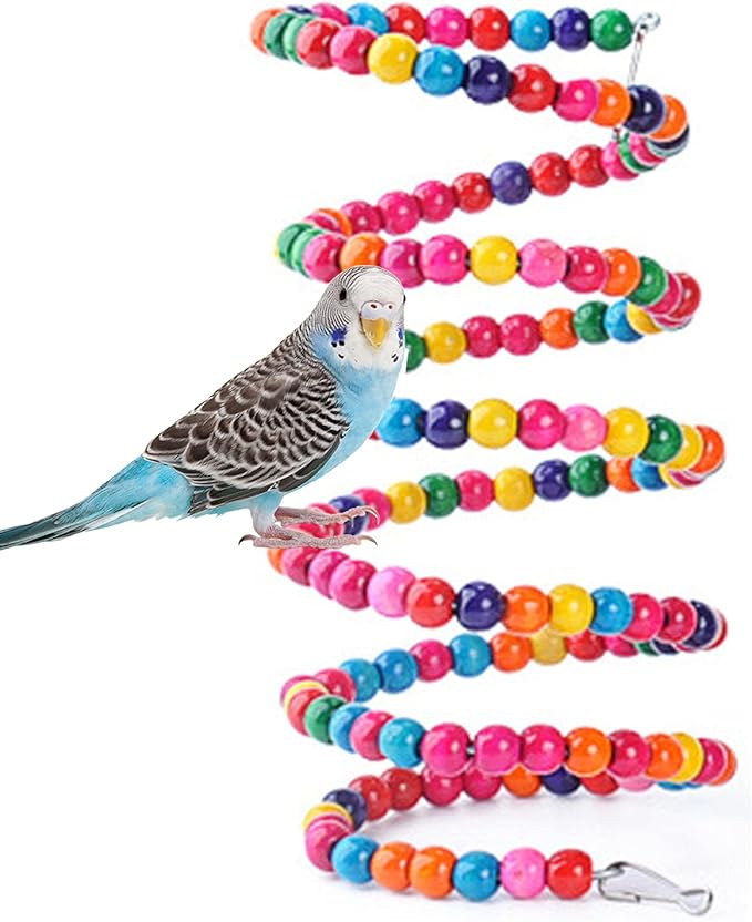 Bird Wood Beads Perch Parrot Revolving Suspension Bridge Toys Comfy Perch Bird Chew Toy for Parakeets Cockatiels, Conures, Budgerigar, Macaw, Lovebirds, Finches (78 inch)