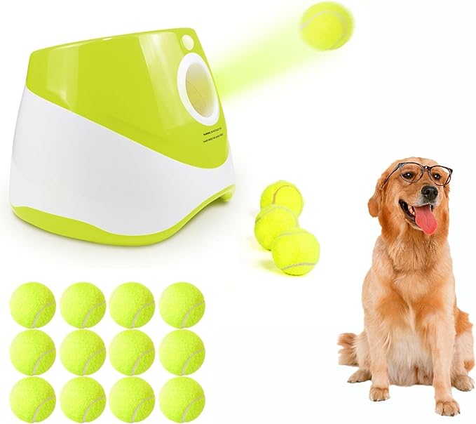 Automatic Ball Launcher for Dogs ，Interactive Dog Ball Thrower Adjustable Distance 10-30ft Tennis Ball Thrower Including 2-inch Small Sized Tennis Balls (Yellow green-12 Balls)