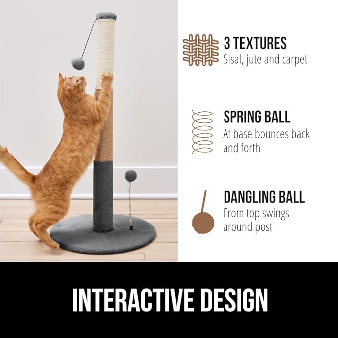 Gorilla Grip Heavy Duty Cat Scratching Post, All Natural Rope, Plush Carpet Secure Base Indoor Scratcher Cats, Kitten Nail File Tower, Spring and Rope Balls, Tall Sturdy Toy for Adults, Small Gray