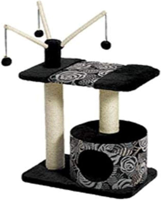 MidWest Homes for Pets Cat Tree | "Carnival" Cat Furniture, 3-Tier Cat Activity Tree w/ Sisal Wrapped Support Scratching Posts & Dangle Play Balls, Black / White Floral, Medium Cat Tree