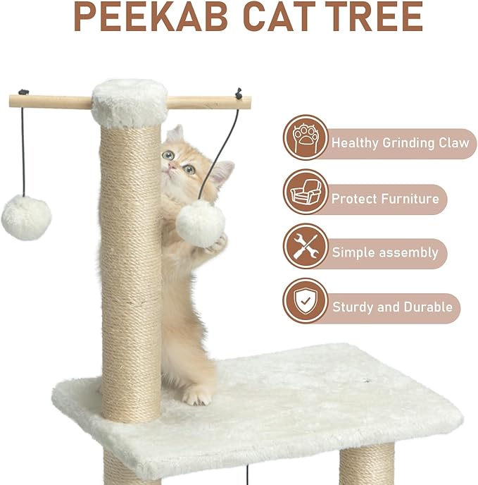 Cat Scratching Post 31in Tall Sisal Scratch Posts with Perch Tracking Interatcive Toys Vertical Scratcher for Indoor Cats and Kittens,Three Hanging Ball Self Massage Brush Beige