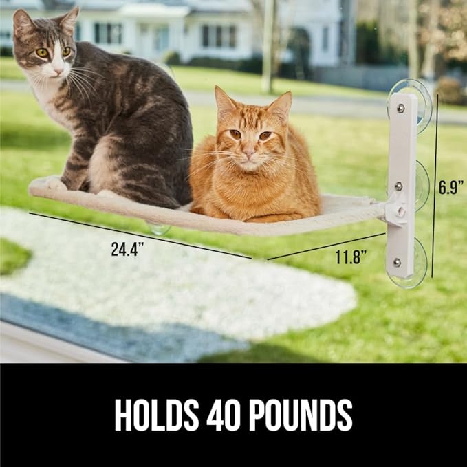 Gorilla Grip Heavy Duty Cordless Cat Window Perch, 6 Large Suction Cups, Strong Metal Frame Holds 40lbs, Foldable Indoor Hammock Bed with Reversible Washable Cover, Cats Seat Wall Shelves, Beige