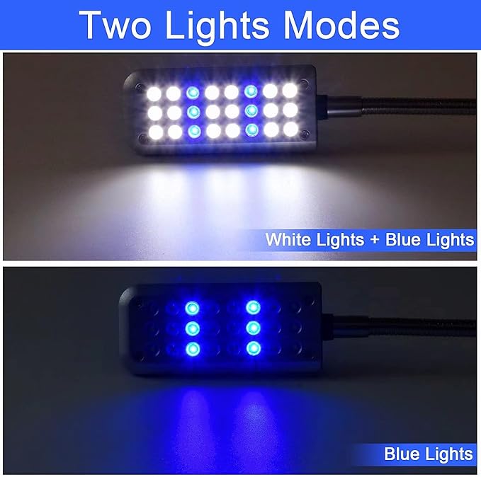 Aquarium Light Clip on Fish Tank Lighting Small Fish Light for Rimless Fish Tanks, White and Blue LEDs