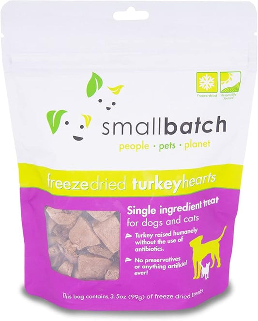 smallbatch Pets Premium Freeze-Dried Turkey Heart Treats for Dogs and Cats, 3.5 oz, Made and Sourced in The USA, Single Ingredient, Humanely Raise Meat, No Preservatives or Anything Artificial Ever