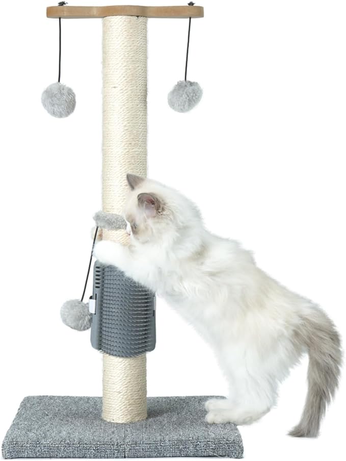 Cat Scratching Post Sisal Vertical Scratcher Posts for Indoor Cats and Kittens,Three Hanging Ball Toy and Self-Grooming Brush,26inches Cat Scratch Pole Grey