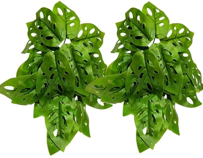 Reptile Plants for Terrarium Decor, Amphibian Habitat Decor, Reptile Tank Accessories, Artificial Hanging Plants with Suction Cup-2 packs (Swiss Cheese)