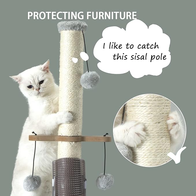 Cat Scratching Post Sisal Vertical Scratcher Posts for Indoor Cats and Kittens,Three Hanging Ball Toy and Self-Grooming Brush,26inches Cat Scratch Pole Grey