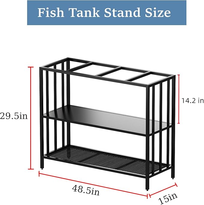 Fish Tank Stand with Metal Shelves, 55 Gallon Aquarium Stand Heavy Duty Turtle Tank Terrariums Tank Breeder Reptile Tank Stand for Home Office, 48.4” x 14.9” x 29.5” (Black)